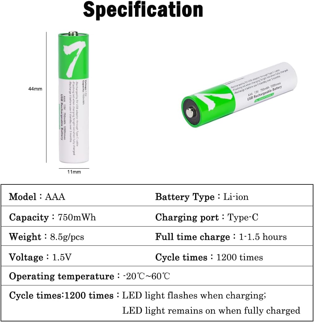 [1 Pack] USB AAA Lithium ion Rechargeable Battery, 1.5V 750mWh Rechargeable AAA Battery - Office Catch