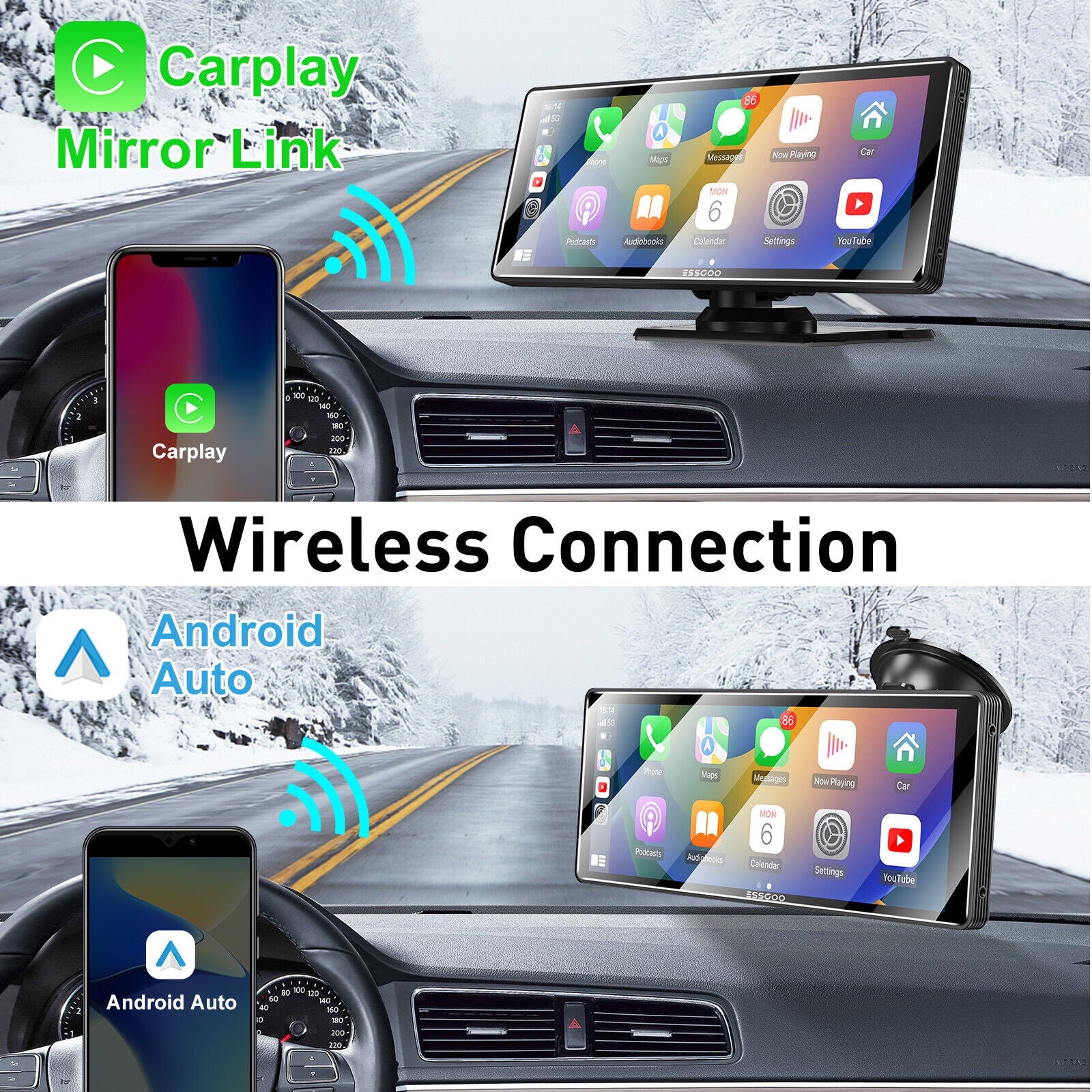 10.26" 2K Car Portable Wireless Apple CarPlay Android Auto FM Touch Screen Radio - Office Catch