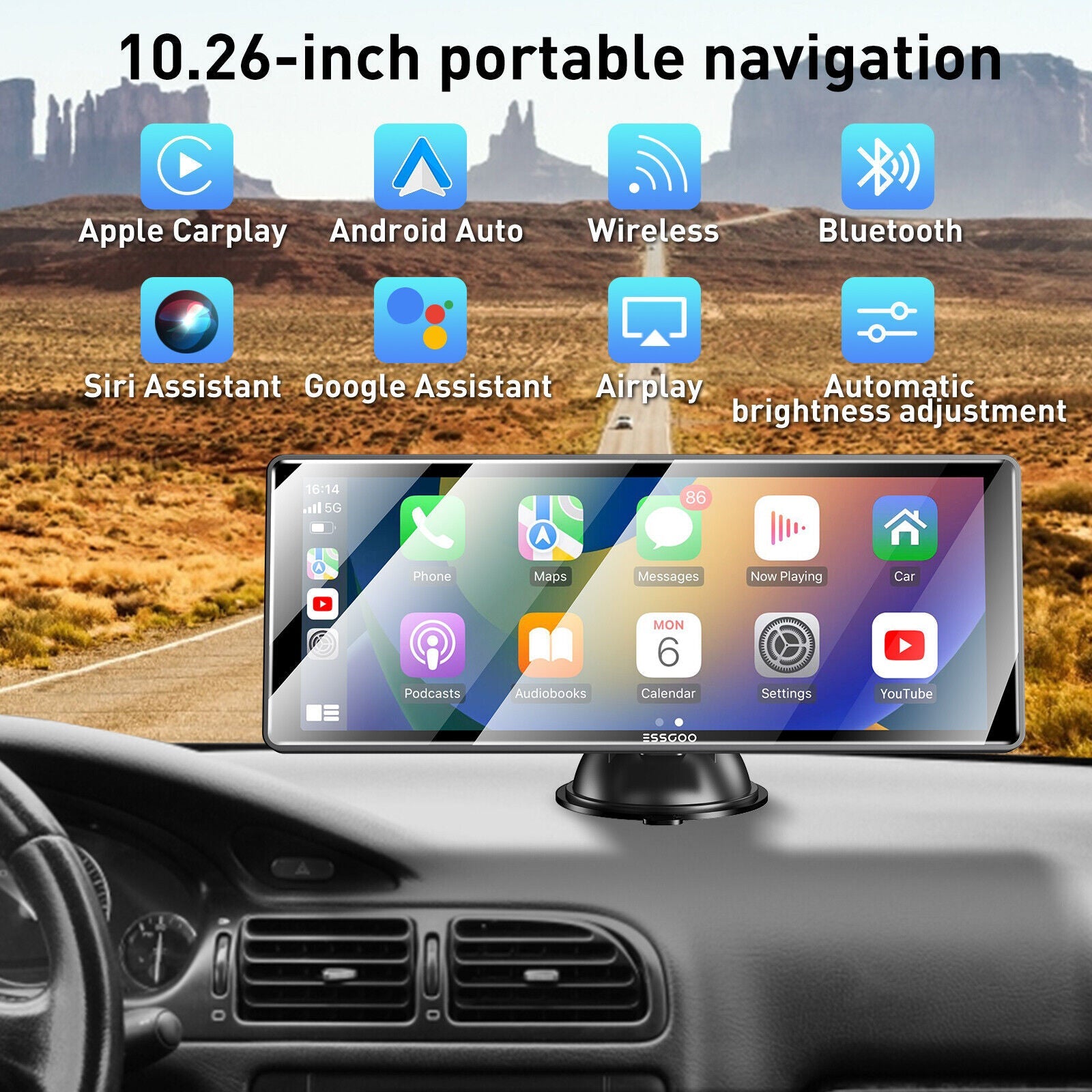 10.26" 2K Car Portable Wireless Apple CarPlay Android Auto FM Touch Screen Radio - Office Catch