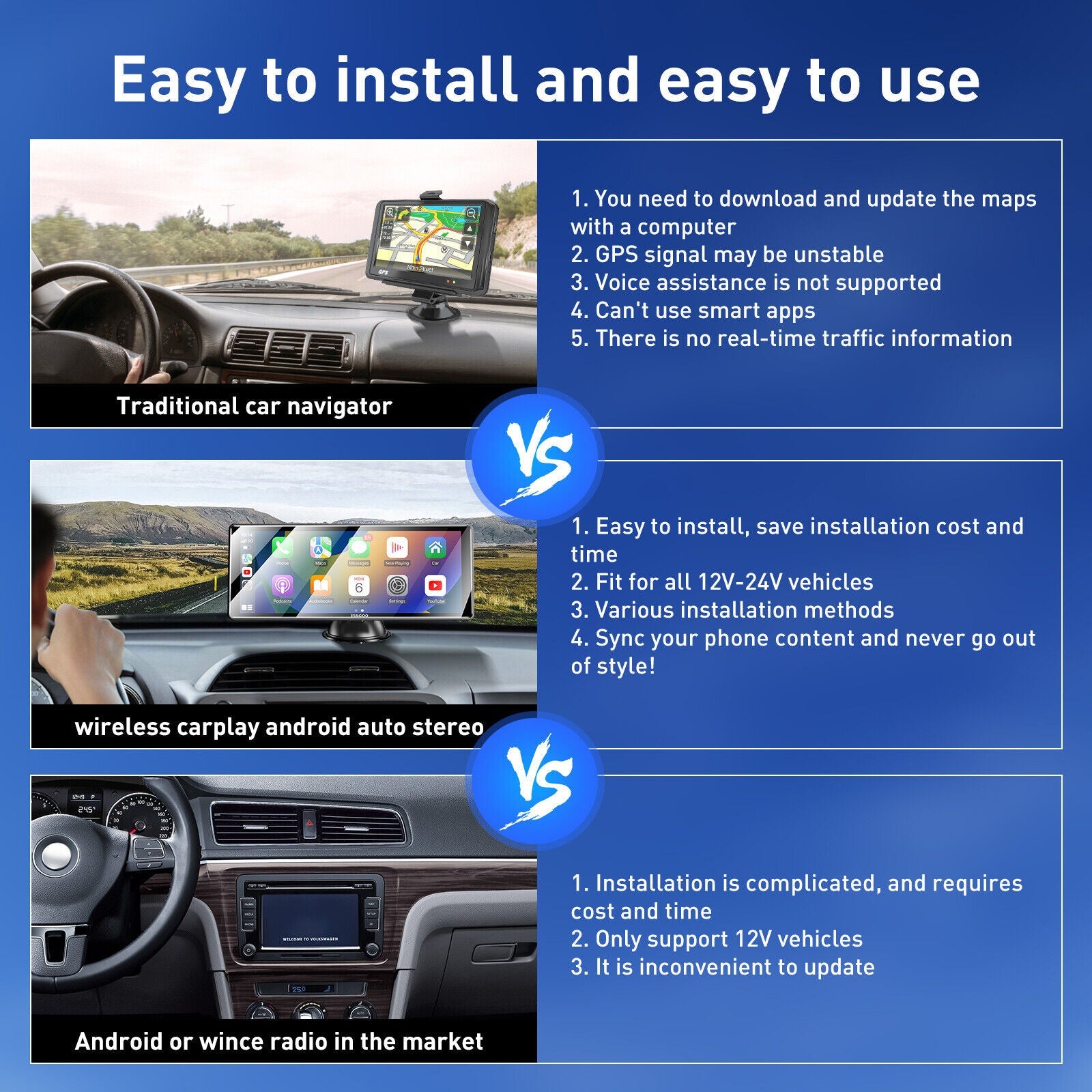 10.26" 2K Car Portable Wireless Apple CarPlay Android Auto FM Touch Screen Radio - Office Catch