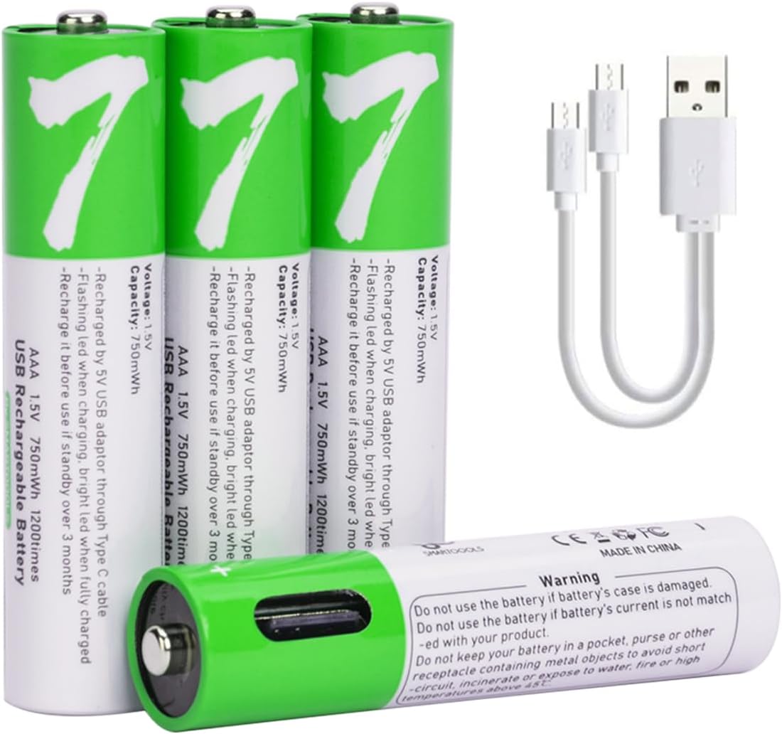 [4 Pack] USB AAA Lithium ion Rechargeable Battery, 1.5V 750mWh Rechargeable AAA Battery - Office Catch