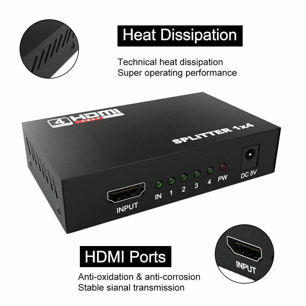 1 In 4 Out HDMI Splitter Amplifier Duplicator Full HD 1080p 2K 4K 3D V1.4 DVD - Office Catch