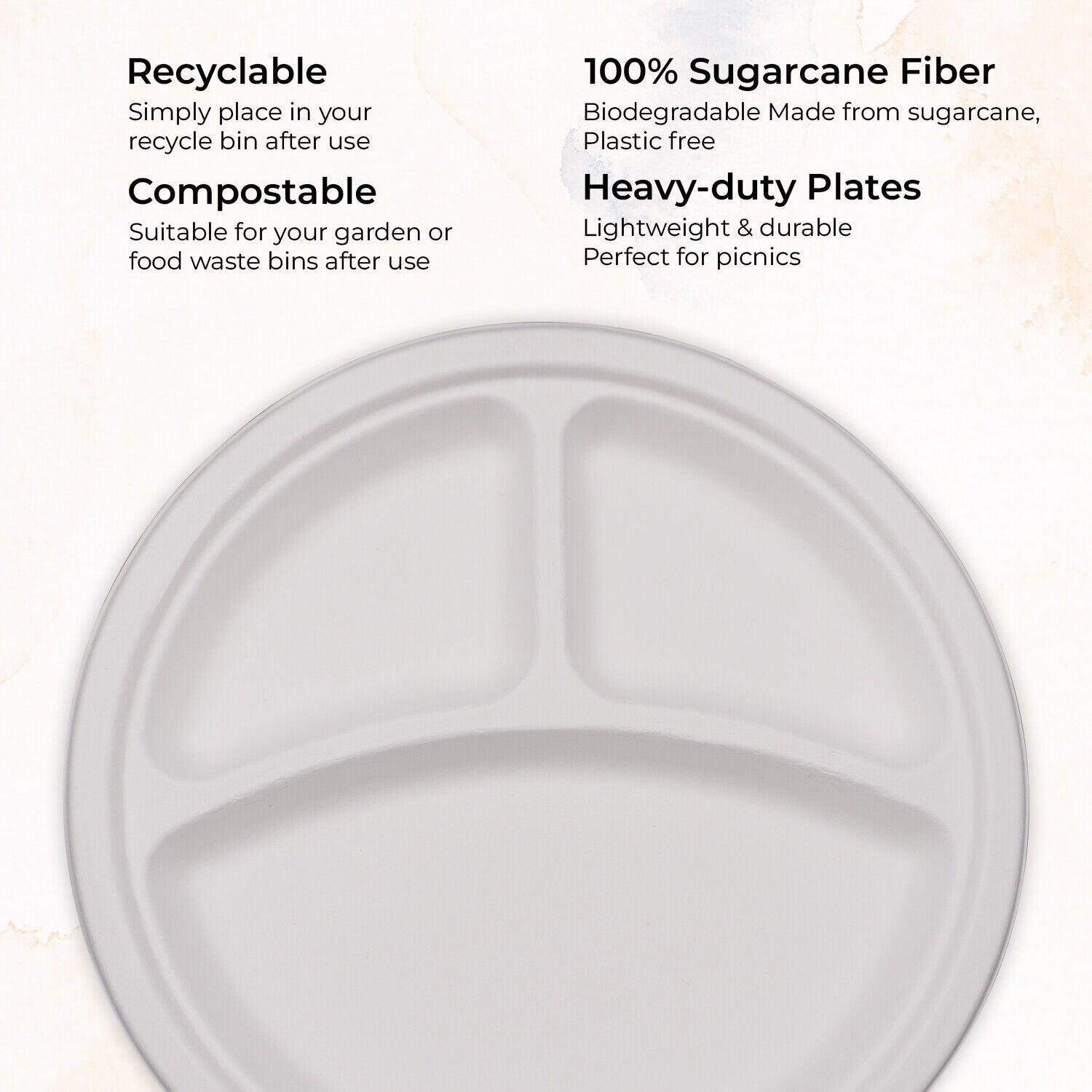 10 Pack | Strong Disposable Bagasse Plates White Round 3 Compartment Plate Party Catering - Office Catch