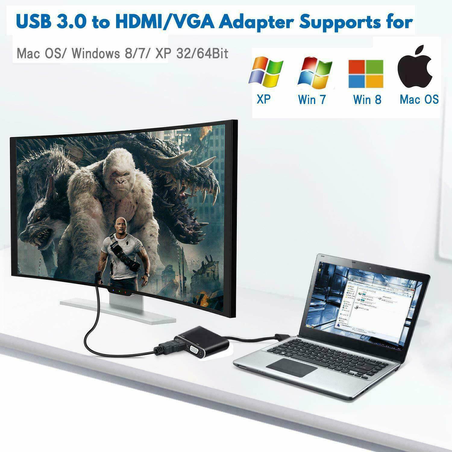 2 IN 1 USB 3.0 to HDMI + VGA Full HD 1080p Video Adapter Cable Converter Desktop or laptop computer - Office Catch