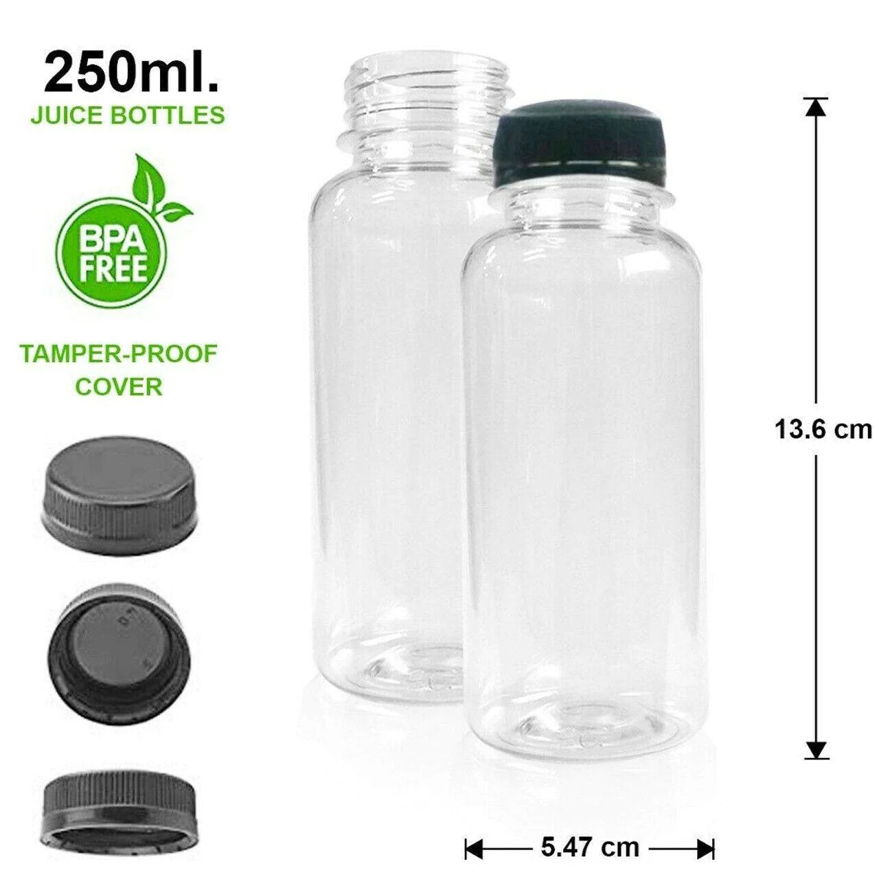 200 Pack | 250ml Clear Bottles Round PET With Black Lids Tamper Evident - Office Catch