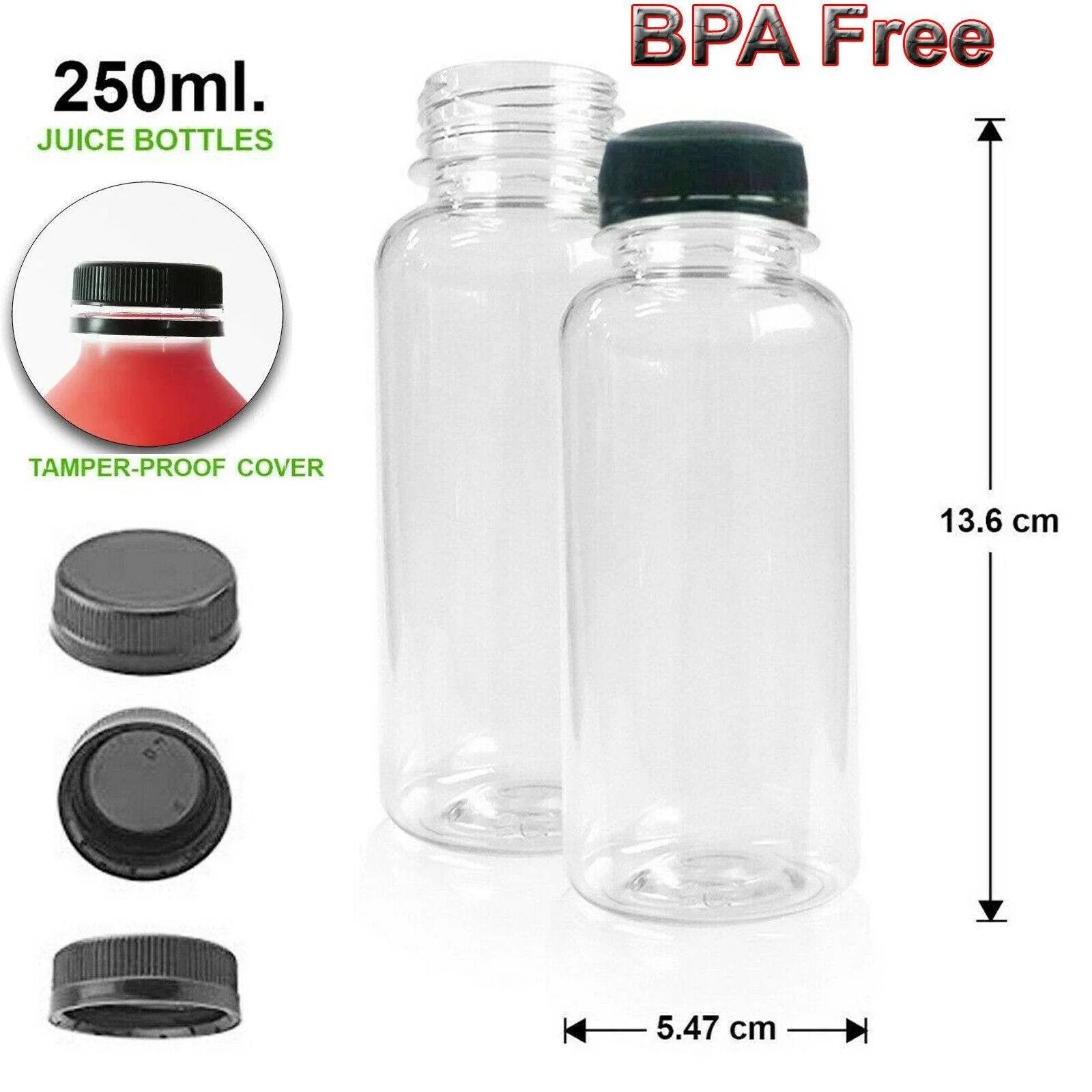 200 Pack | 250ml Clear Bottles Round PET With Black Lids Tamper Evident - Office Catch