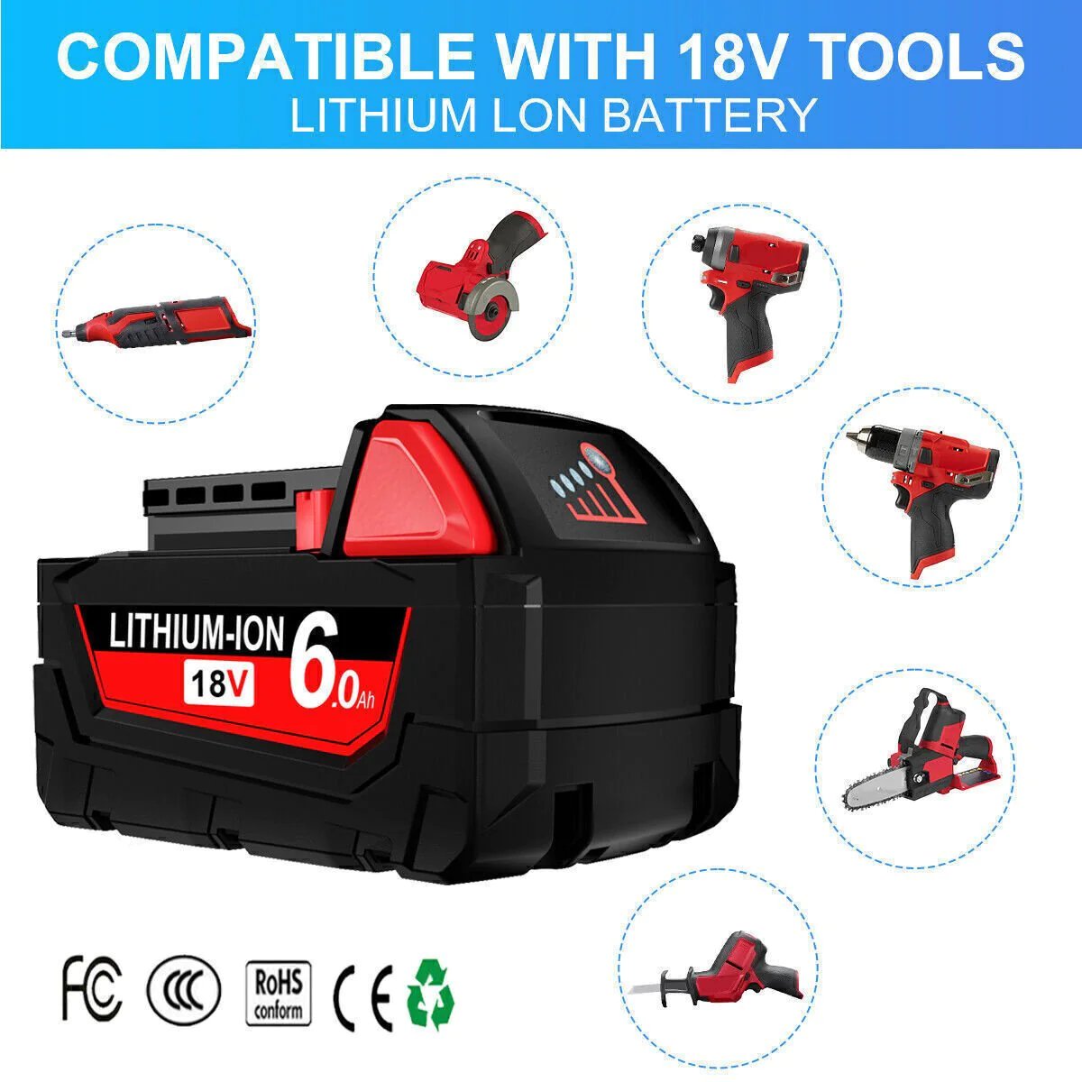 2x Compatible 18V 6.0Ah Lithium XC Battery For Milwaukee M18 48-11-1840 48-11-1860 Extended - Office Catch