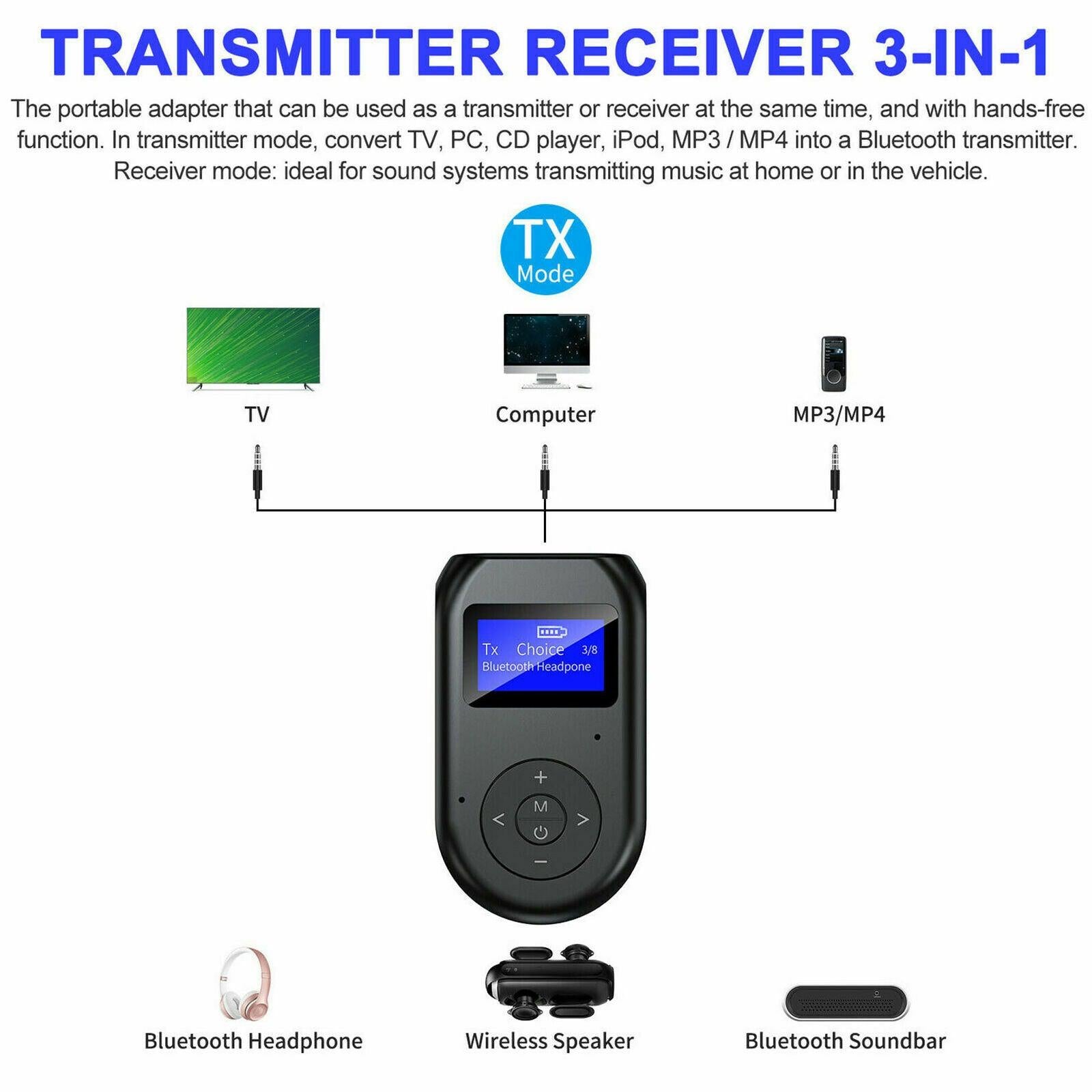 3 in 1 Bluetooth 5.0 Transmitter Receiver Wireless Audio 3.5mm Adapter with LCD - Office Catch