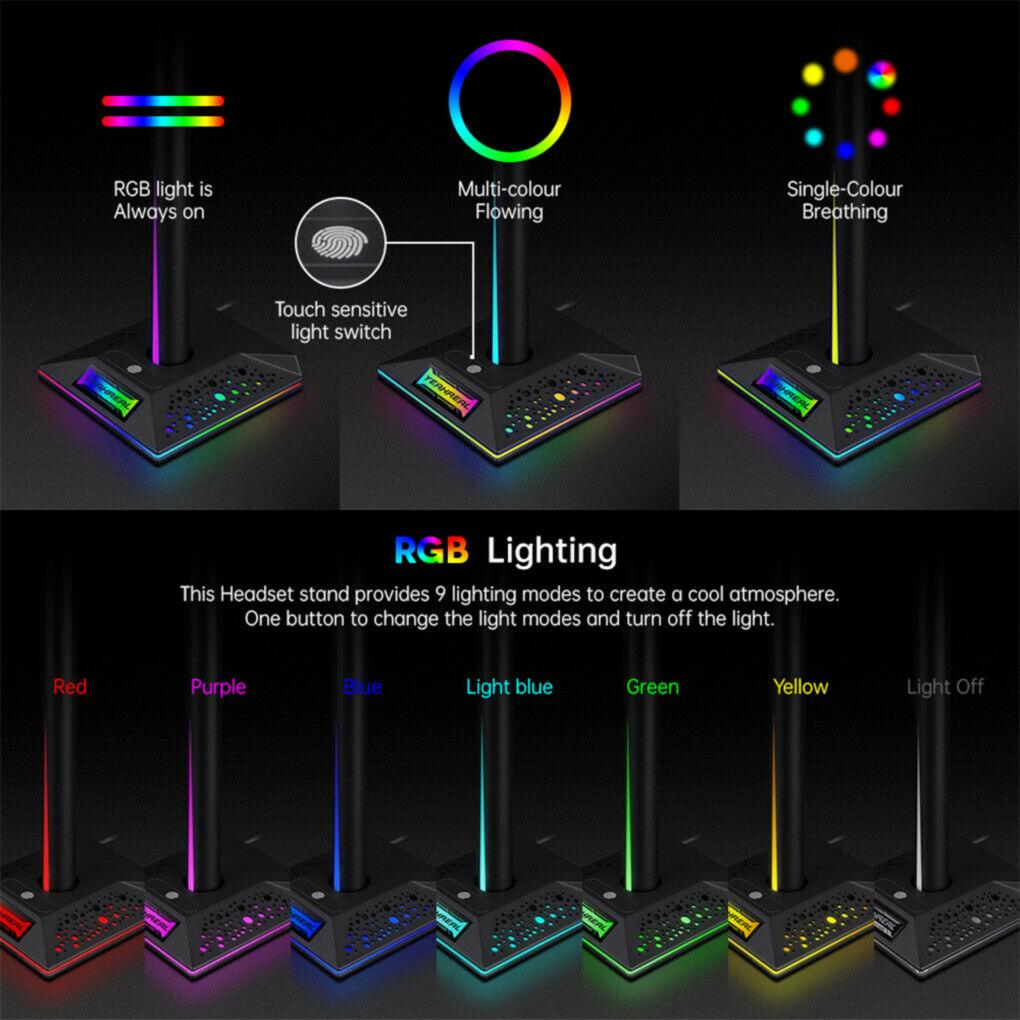 Gaming Headset Stand with 3.5mm 2 USB Ports RGB Non-slip Headphones Holder - Office Catch