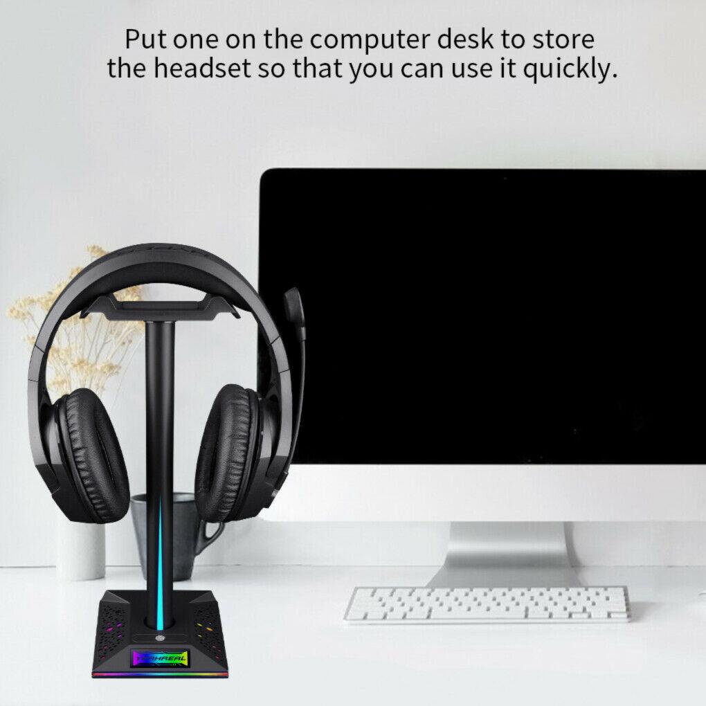 Gaming Headset Stand with 3.5mm 2 USB Ports RGB Non-slip Headphones Holder - Office Catch