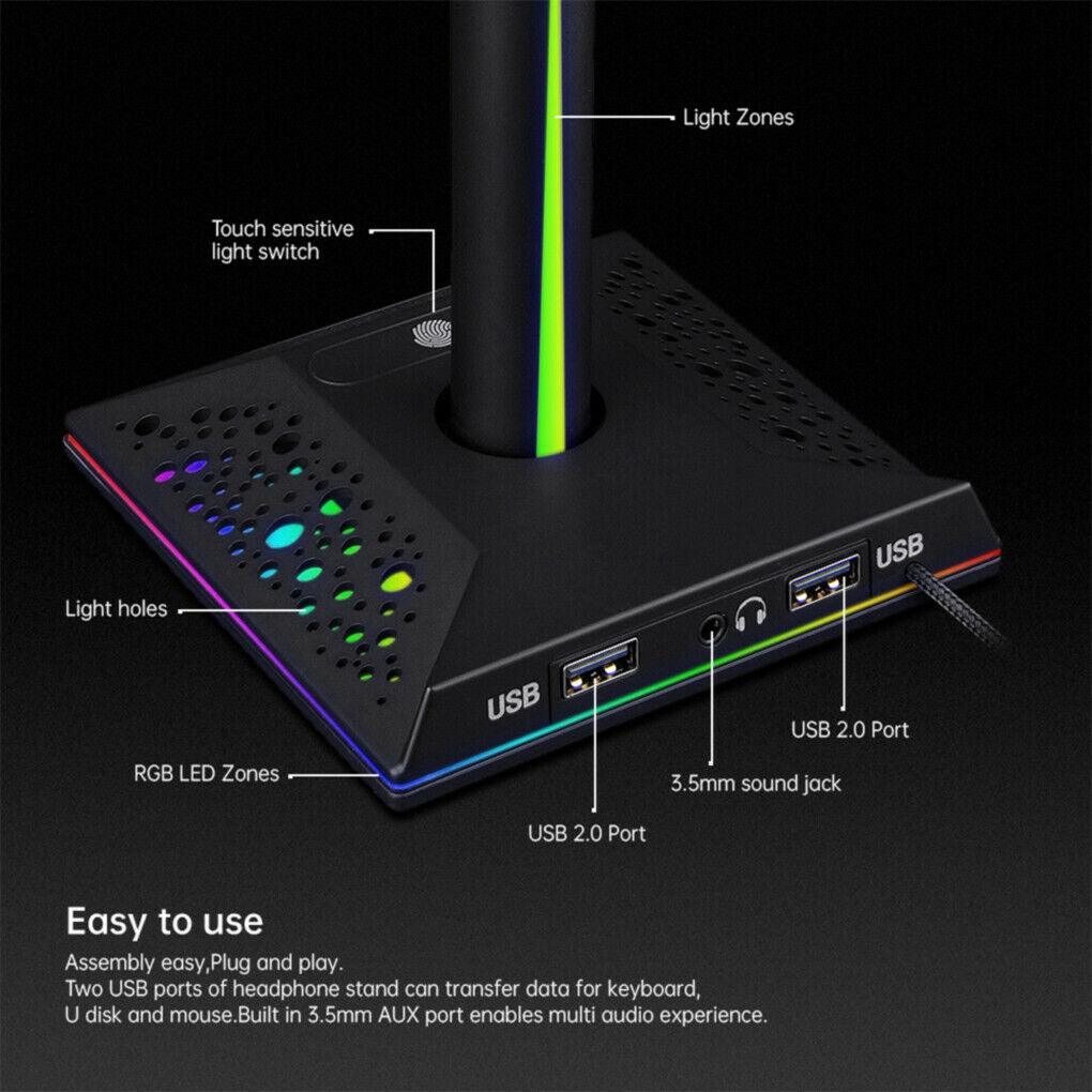 Gaming Headset Stand with 3.5mm 2 USB Ports RGB Non-slip Headphones Holder - Office Catch