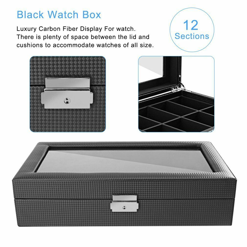 High-Grade 12 Grids Carbon Fiber Watch Box Storage Case Display Organizer Gift - Office Catch