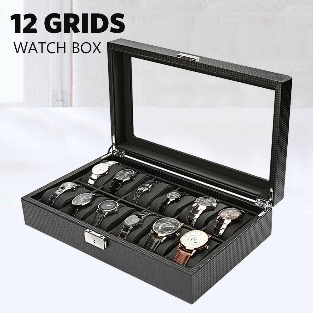 High-Grade 12 Grids Carbon Fiber Watch Box Storage Case Display Organizer Gift - Office Catch