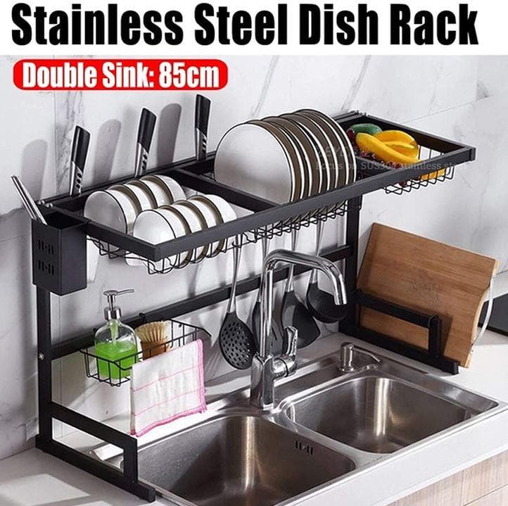 Multifunctional Kitchen Over Sink Dish Drying Rack Stainless Steel Storage Shelf Organiser - Office Catch