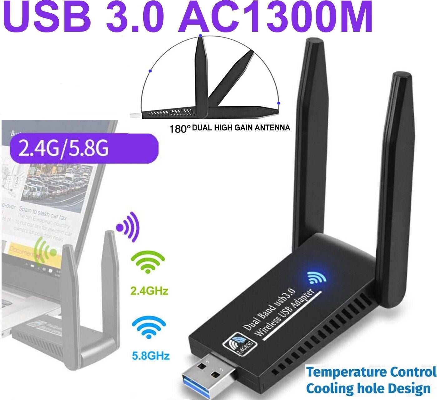 WIFI Wireless Adapter AC1300 USB 3.0 Dongle 802.11ac 5GHz Dual Band 11AC AU - Office Catch